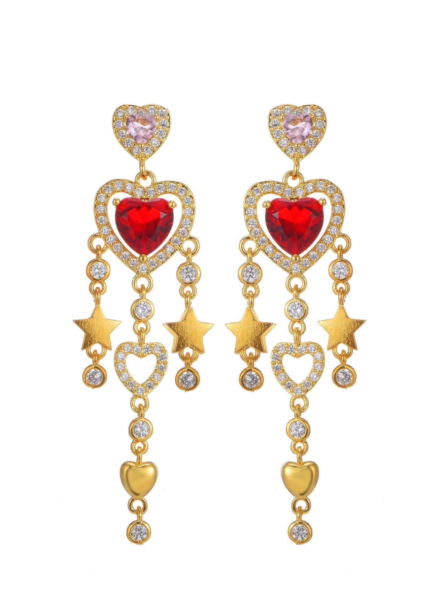 Amanne Goldene Ohrringe mit roten Herzen und Sternen