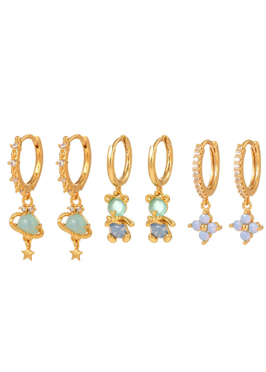 Blaues Bären-Klee-Universum-Huggie-Ohrring-Set