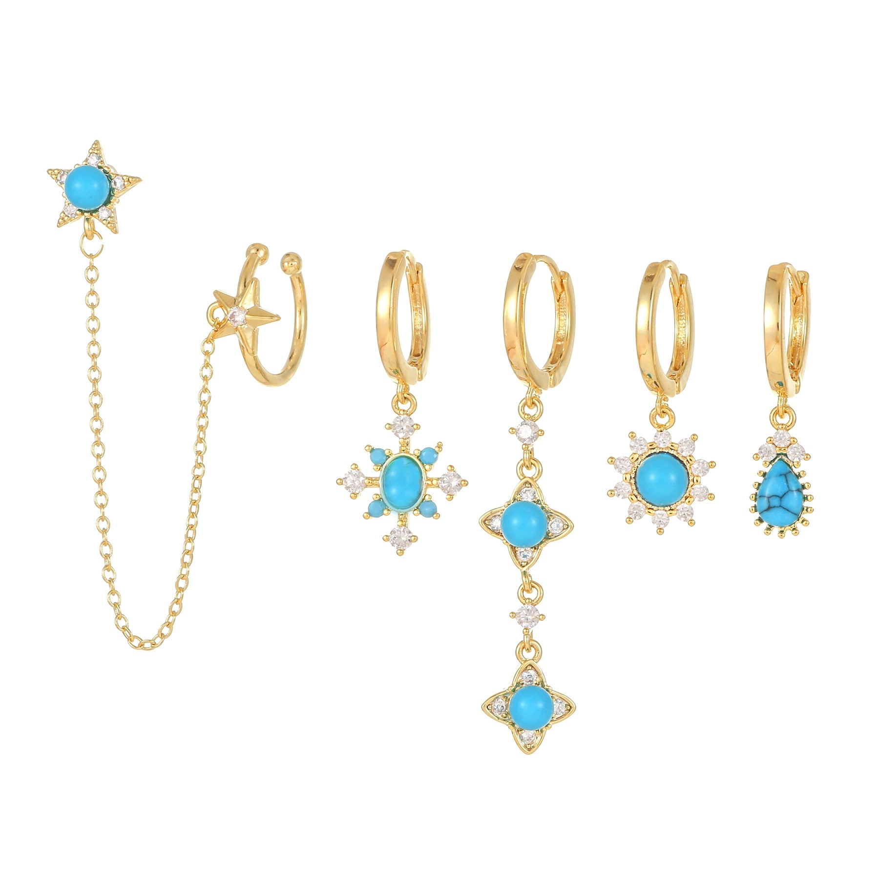 Petit Gaia Blau Türkis Sonne Goldene Ohrringe Set