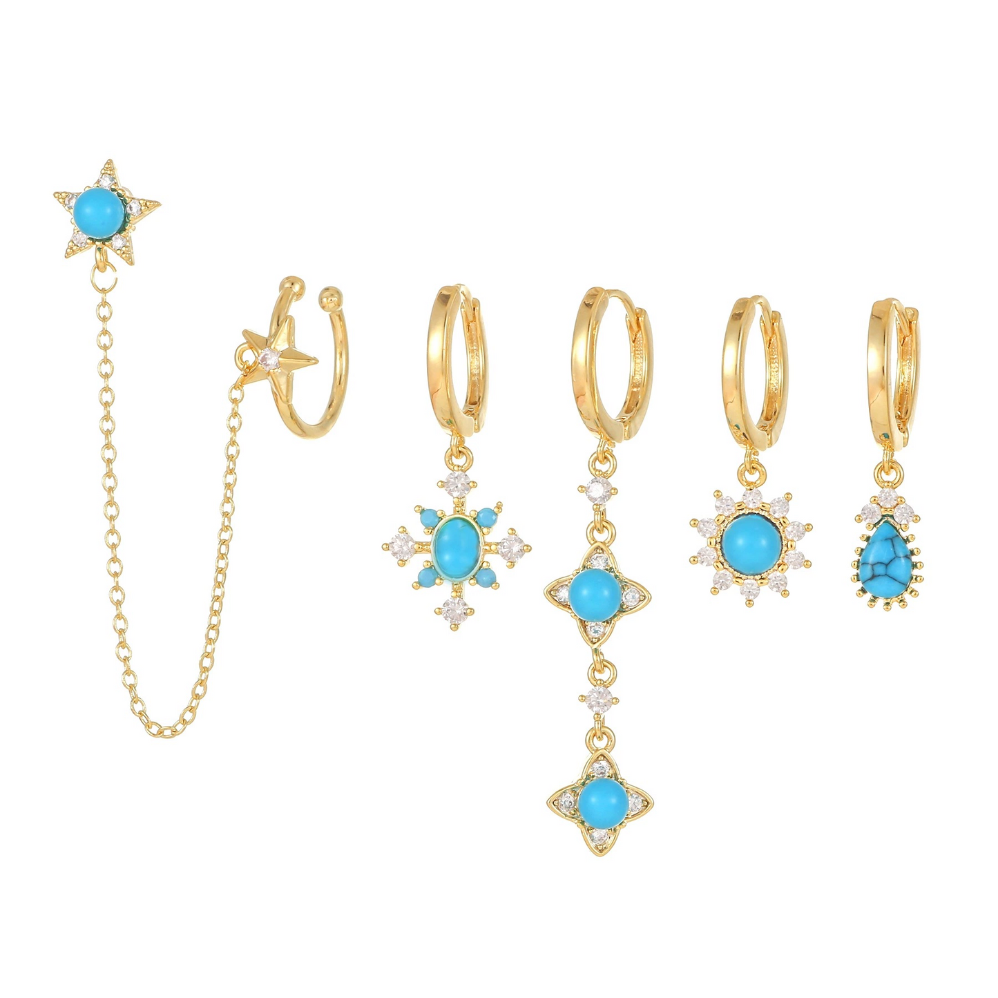 Petit Gaia Blau Türkis Sonne Goldene Ohrringe Set