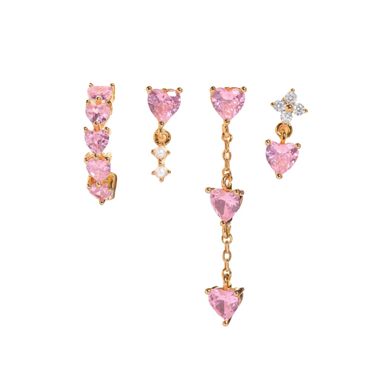 Petit Luna Set mit goldenen Ohrringen mit rosa Herzen