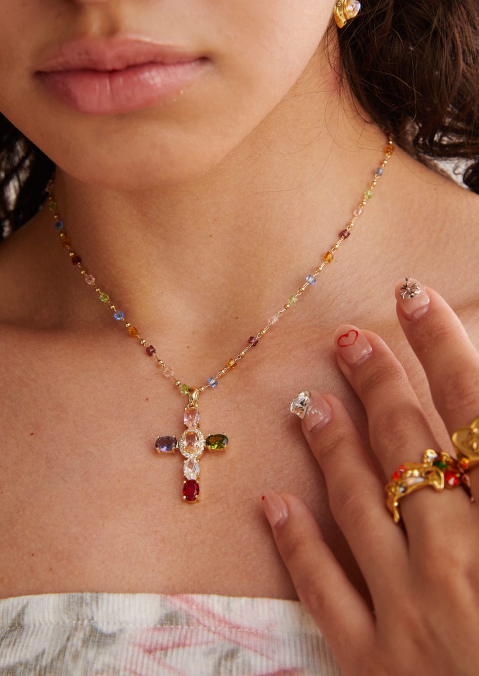 Geraldine Colorful Crystal Cross Golden Necklace
