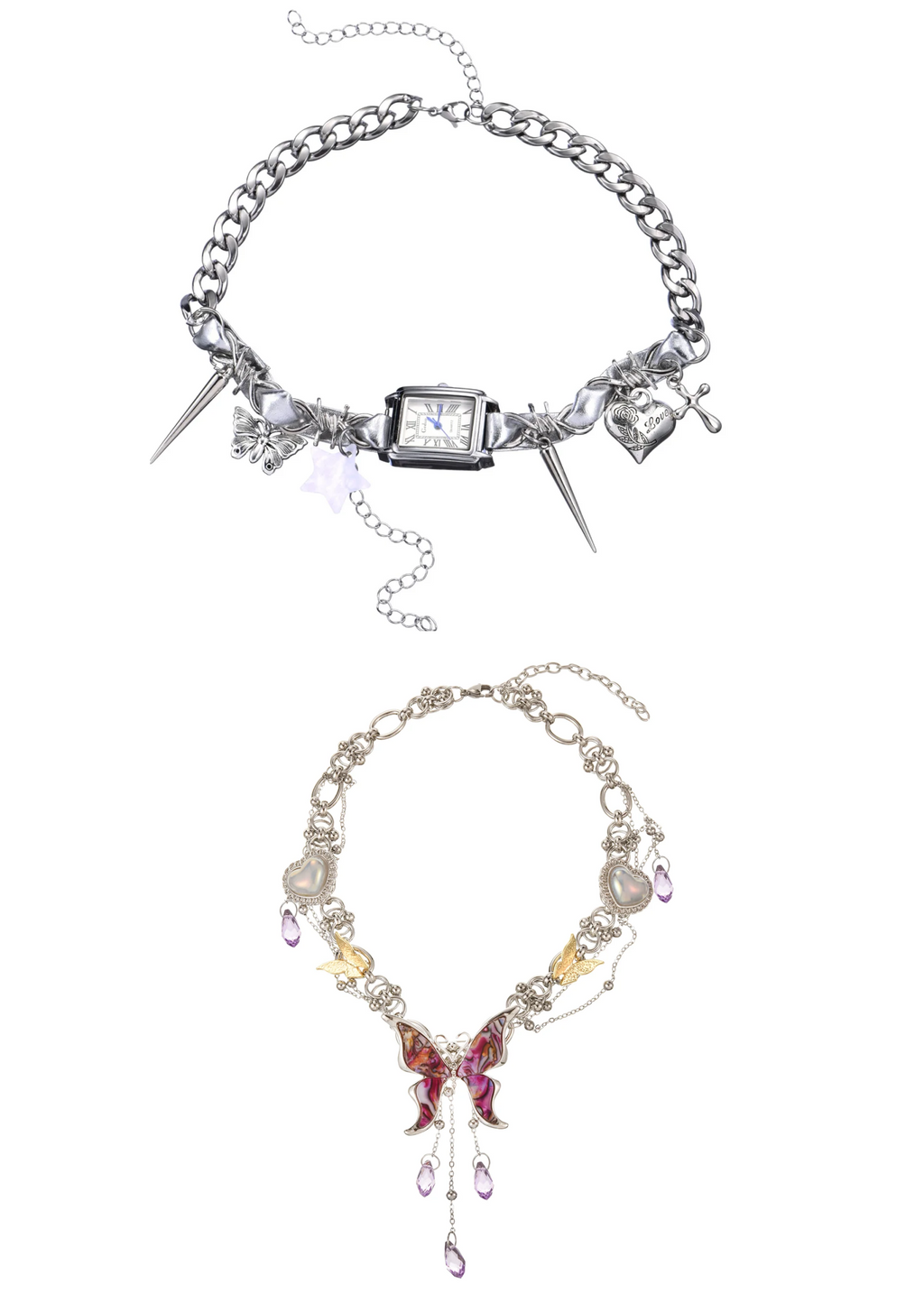 Collana in argento con farfalla viola della giungla e motivo grunge