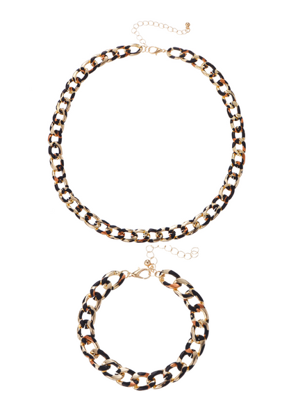 Set di collana e bracciale con catena dorata e leopardo Leo