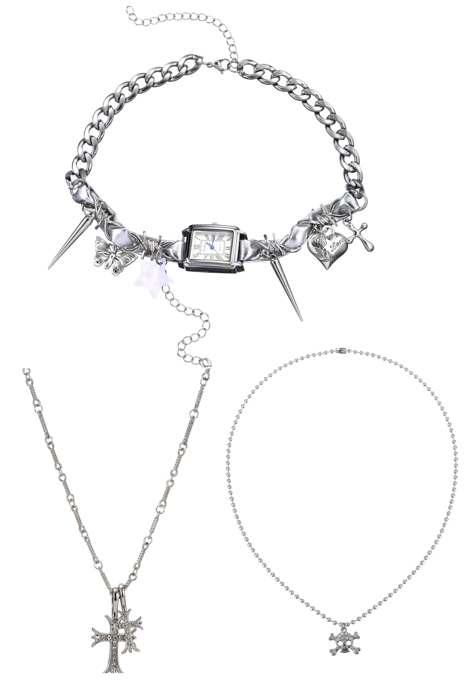 Mitternachtsuhr Y2k Grunge Silber Choker Halskette