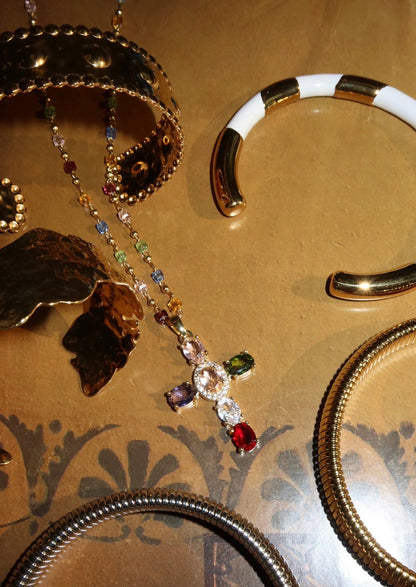 Collana dorata con croce di cristallo colorato Geraldine