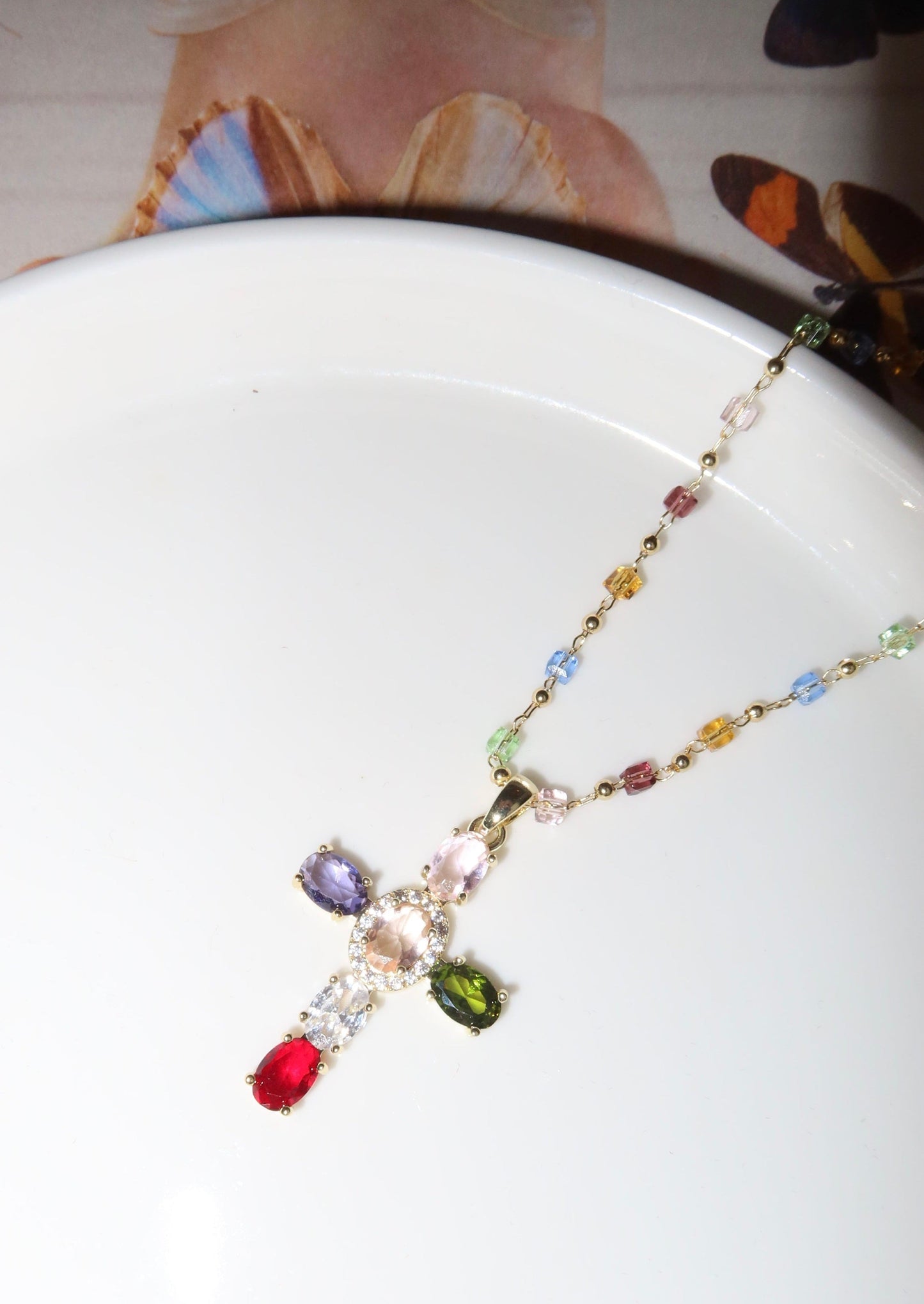 Collana dorata con croce di cristallo colorato Geraldine