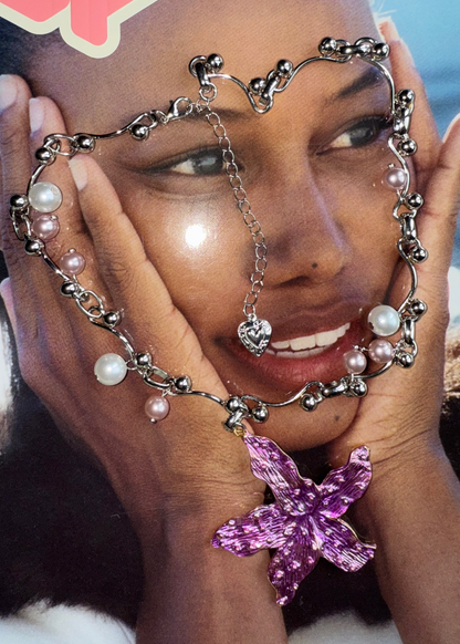 Beatrice By The Sea Halskette mit rosa Perlen und Seesternen im Grunge-Stil, Silber