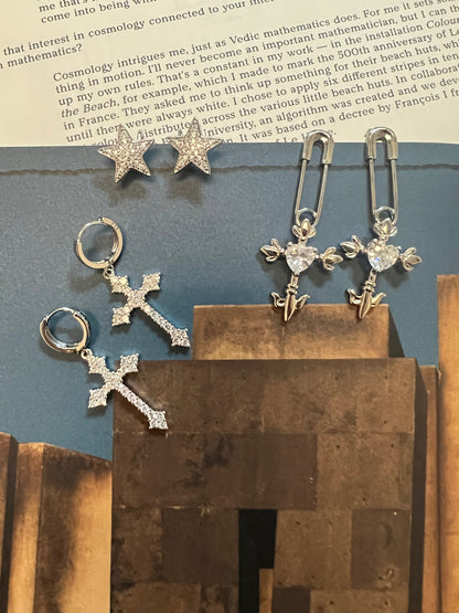 Fantasy Love Kreuz Herz Silber Ohrringe