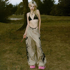 Abstract High Rise Button Pocket Contrast Straight Pant