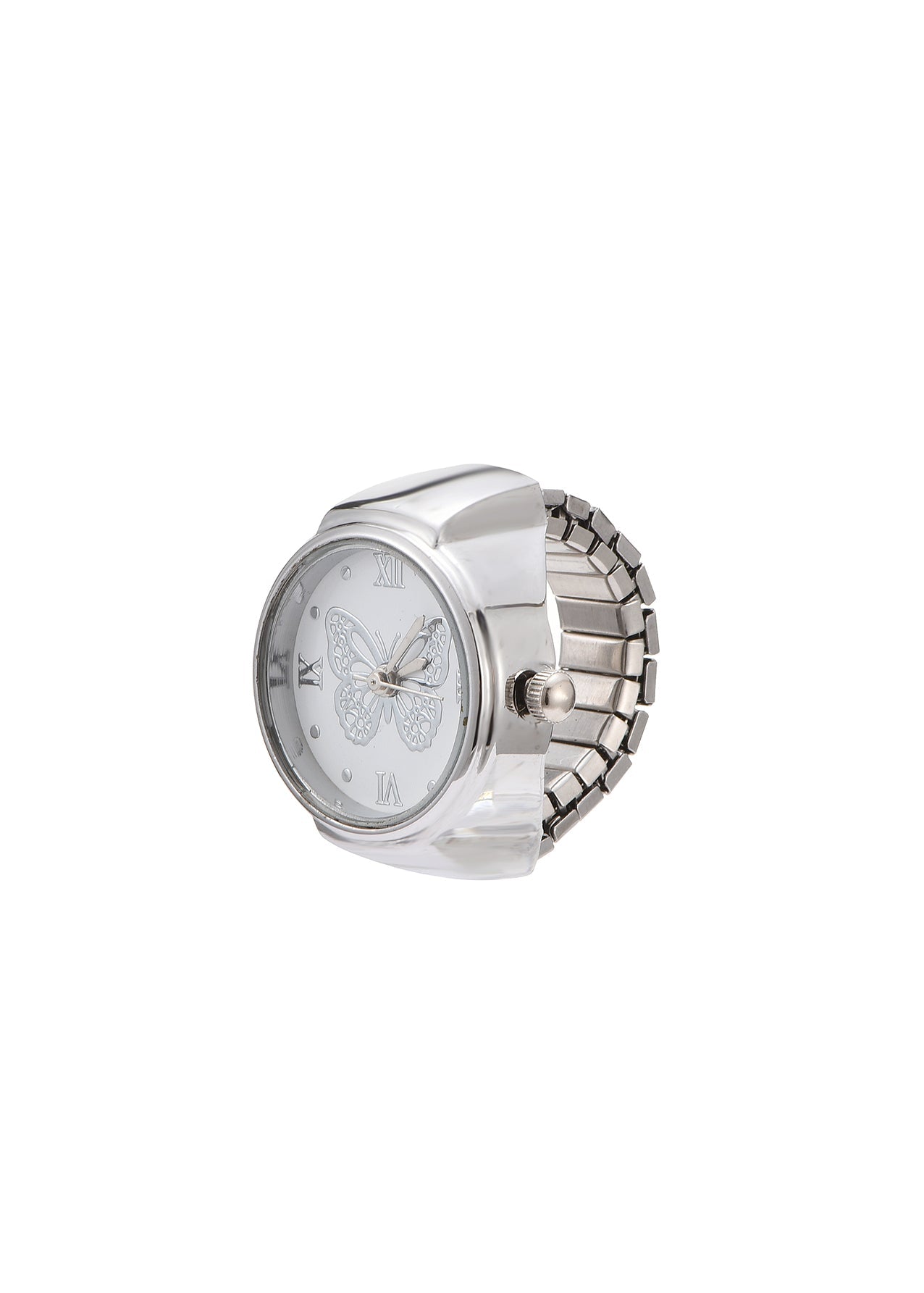 Verstellbarer silberner Uhrenring „Midnight O'Clock Butterfly“