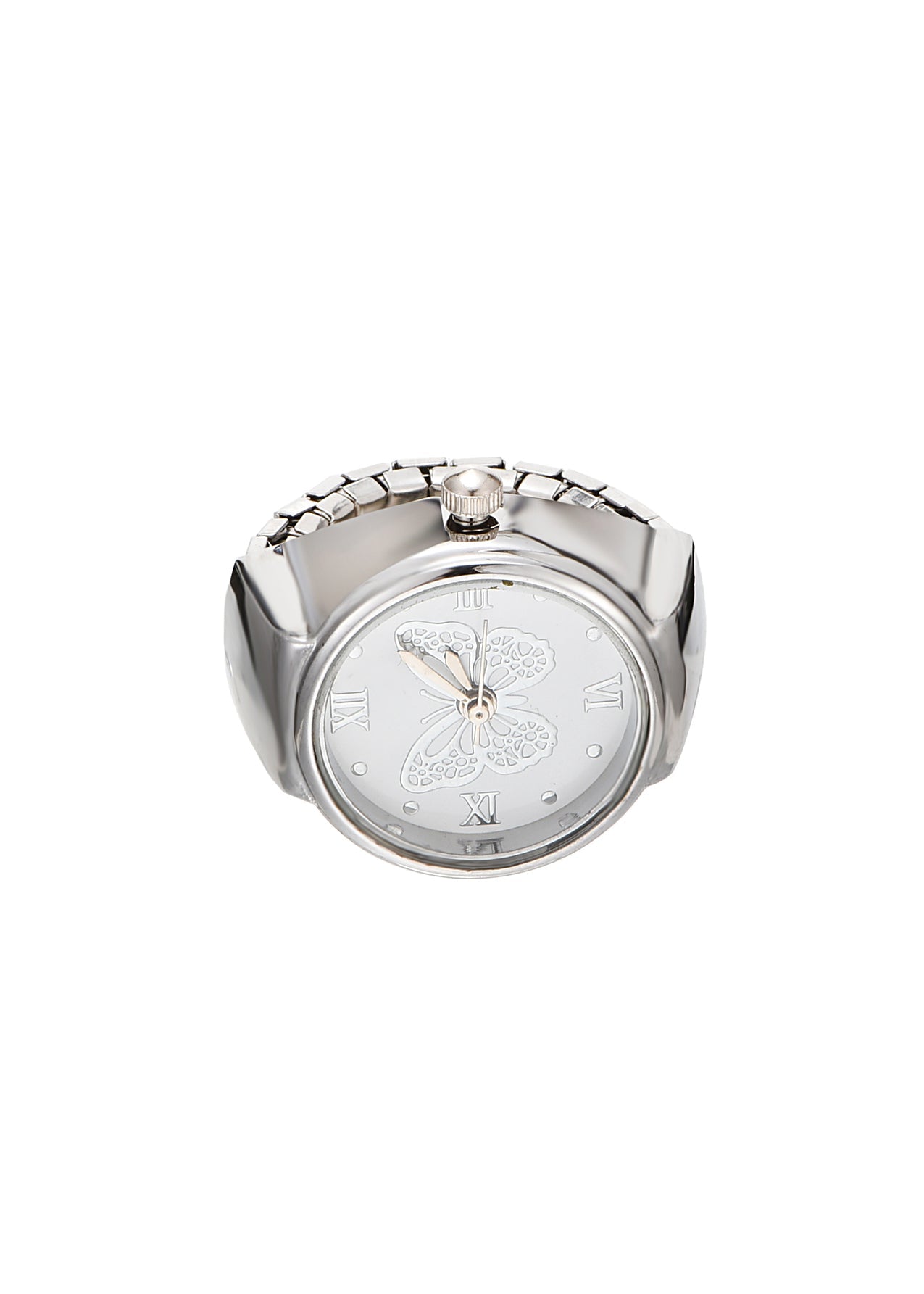 Verstellbarer silberner Uhrenring „Midnight O'Clock Butterfly“