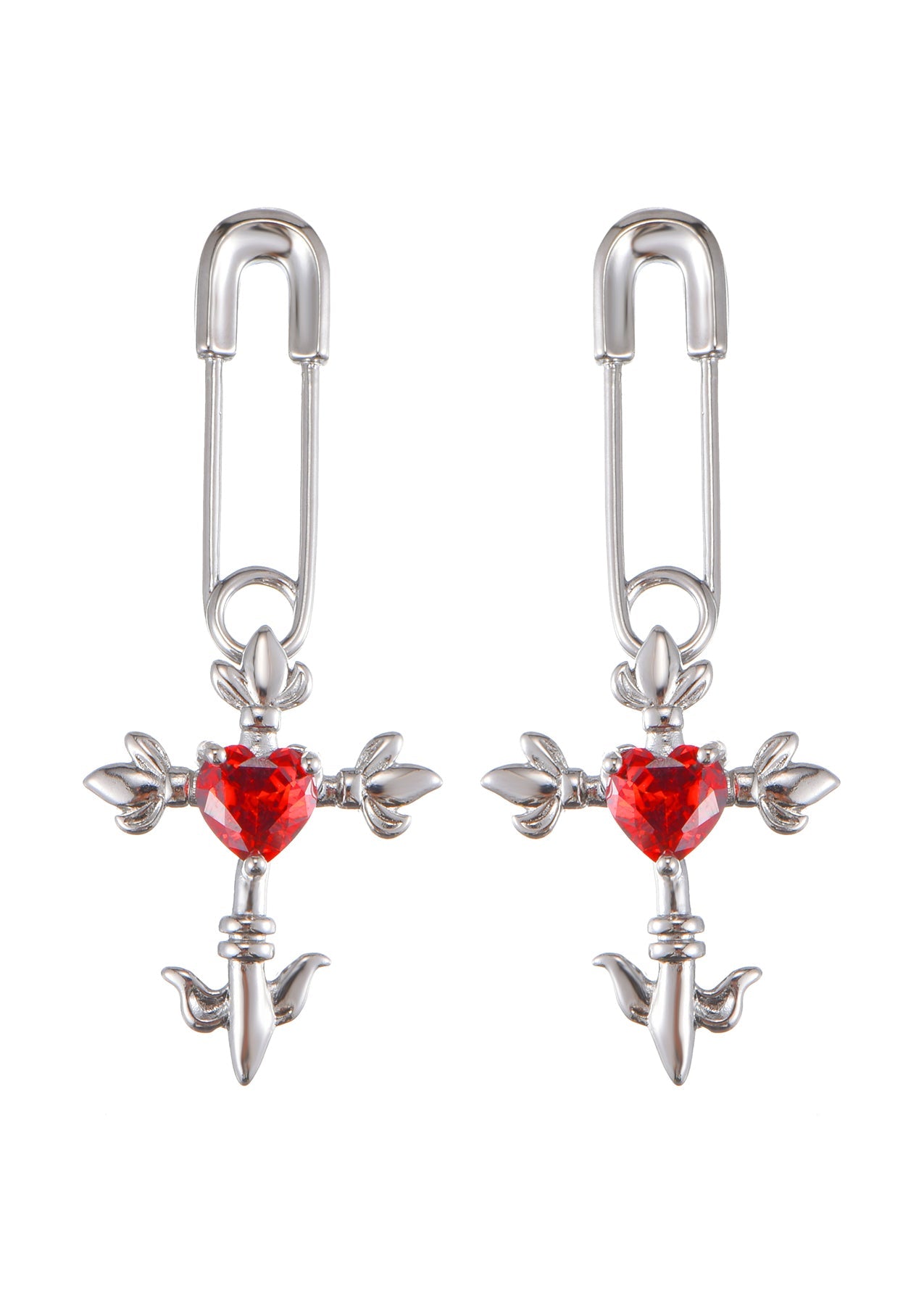 Orecchini in argento con croce e cuore rosso pazzo d'amore