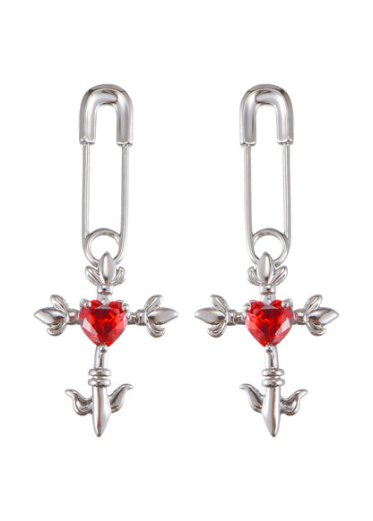 Orecchini in argento con croce e cuore rosso pazzo d'amore