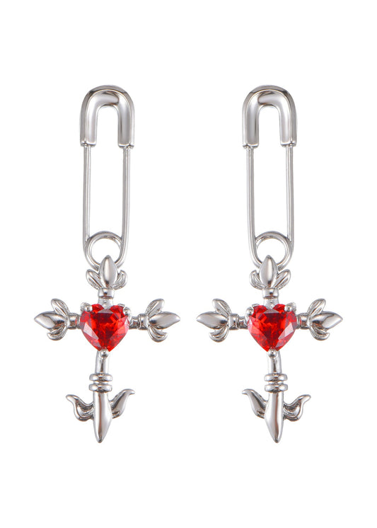 Orecchini in argento con croce e cuore rosso pazzo d'amore