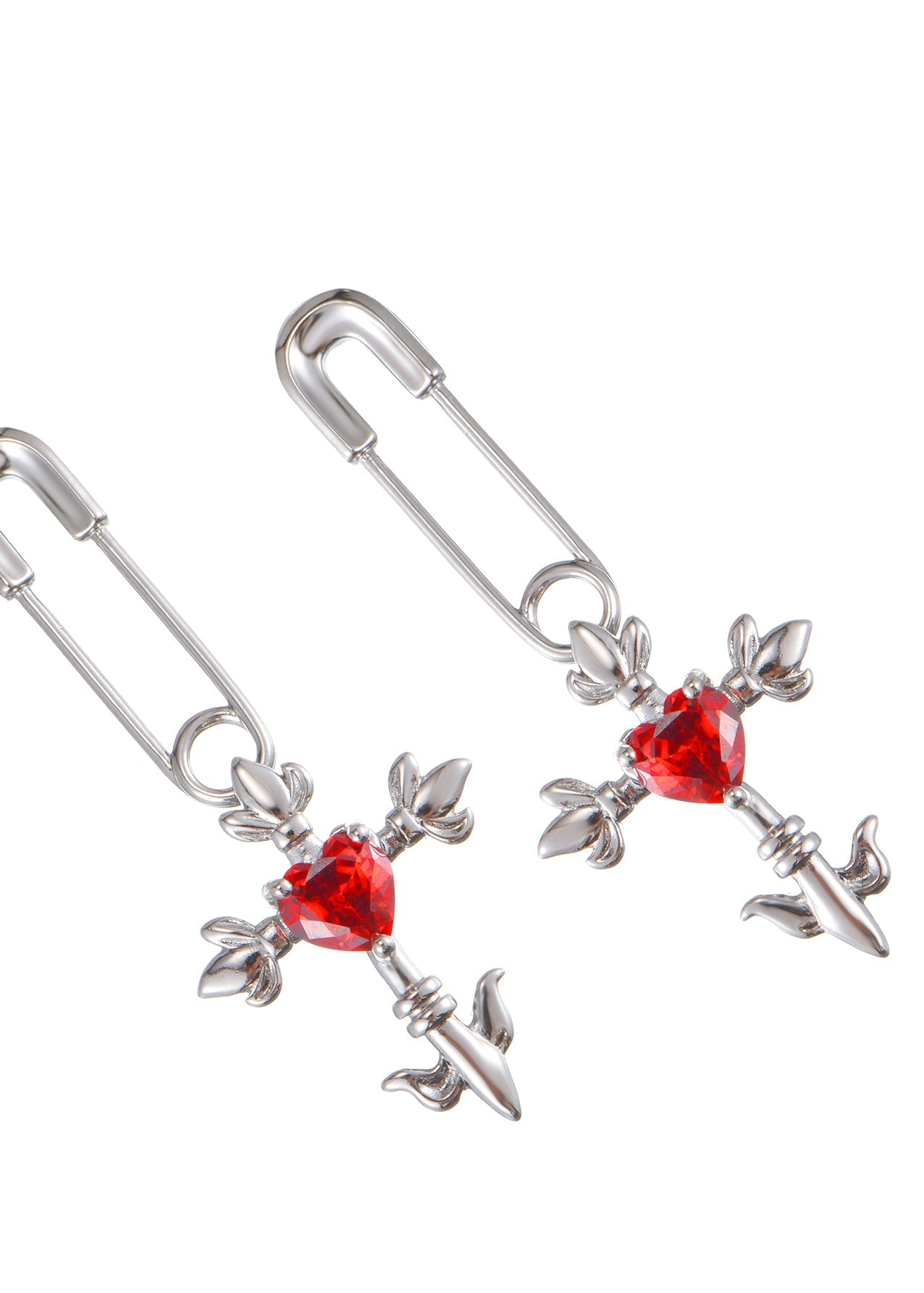 Orecchini in argento con croce e cuore rosso pazzo d'amore