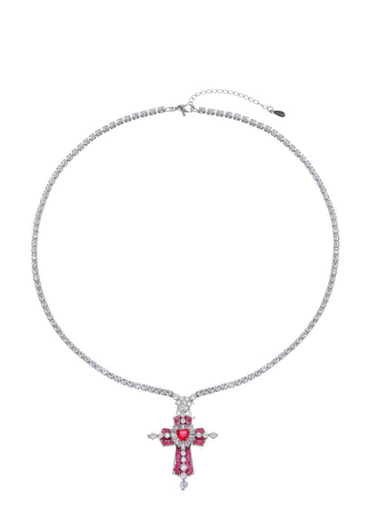 Trya Red Heart Cross Glitterling Necklace - Royal