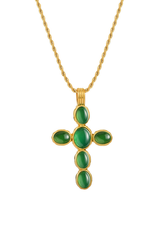Joanne Jade Green Cross Golden Necklace