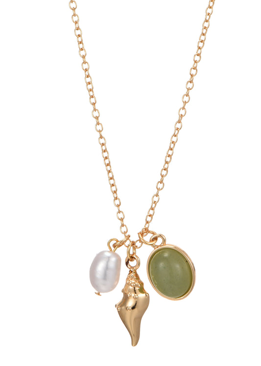 Collana con pietra di giada e conchiglia a spirale dorata Sid