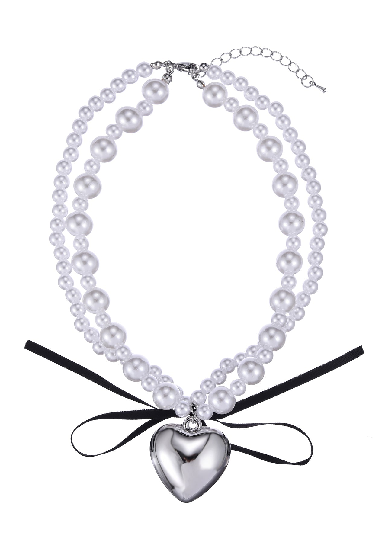 Collana di perle a forma di cuore in argento con fiocco nero di San Valentino