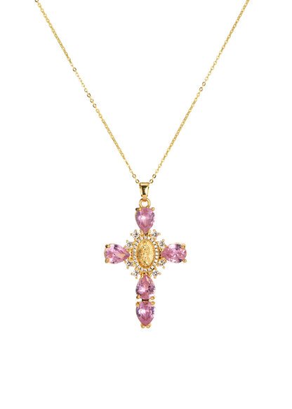 Luana Pink Cross Golden Necklace