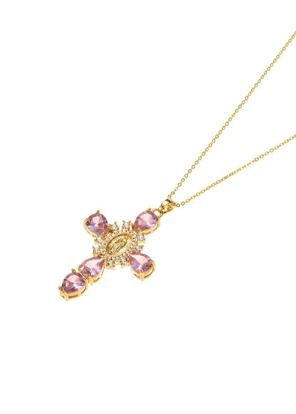 Luana Pink Cross Golden Necklace