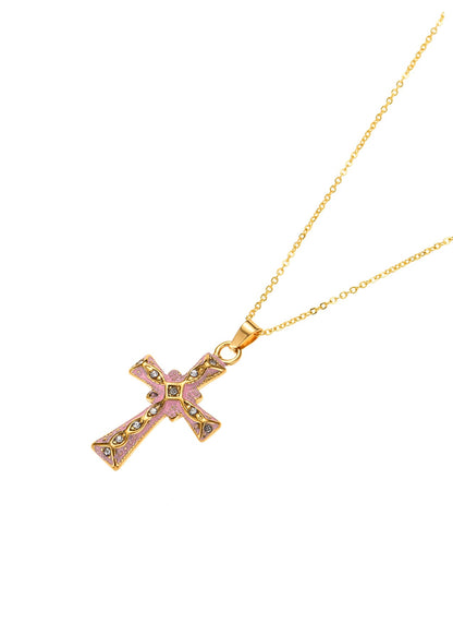 Benji Summer Petal Pink Cross Golden Necklace