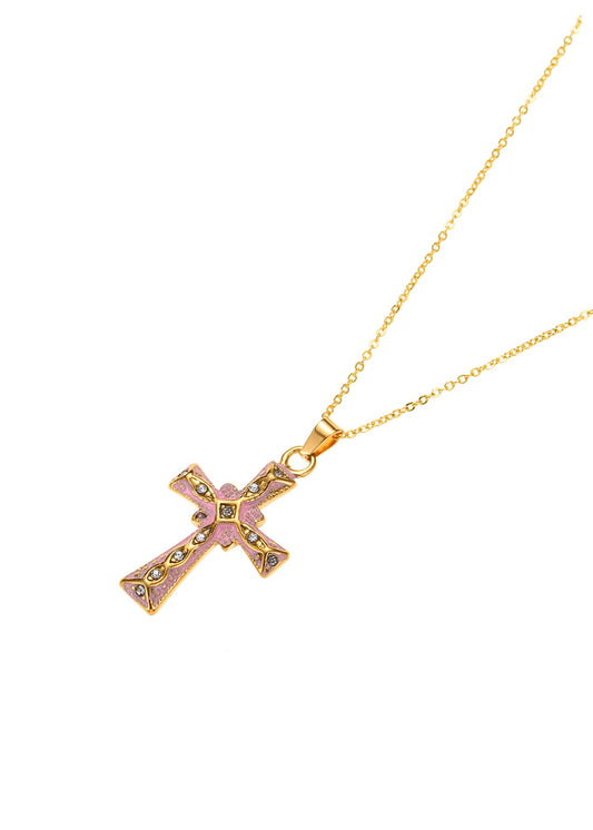 Benji – Goldene Halskette mit rosa Kreuz und Sommerblütenblatt