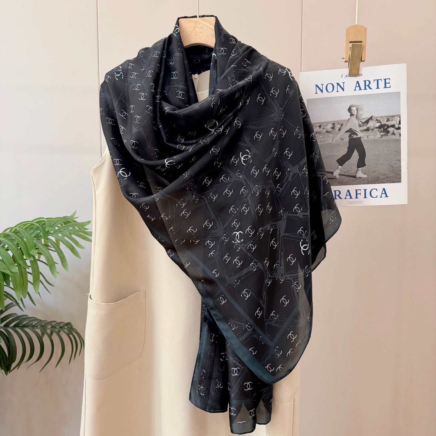 Full Black Silk Long Scarf