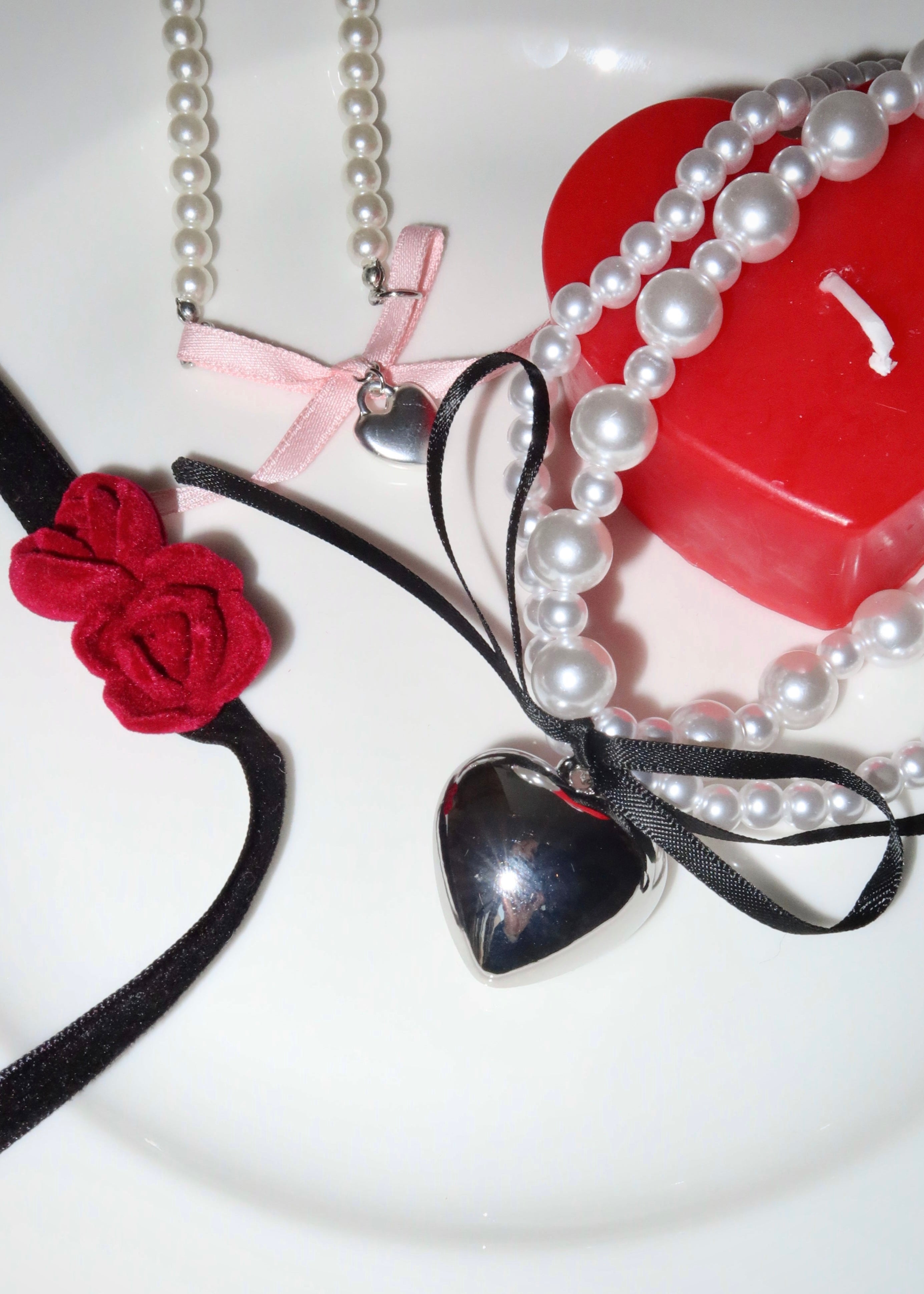 Valentinstag Schwarze Schleife Silber Herz Perlenkette