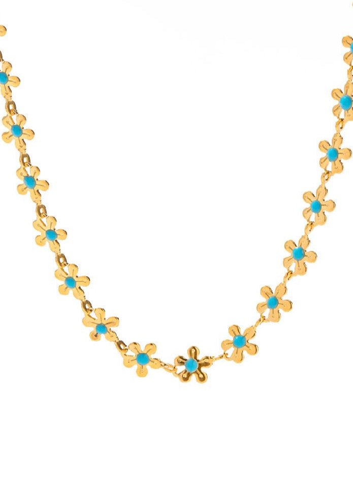 Erica Blue Flowers Golden Neckalce