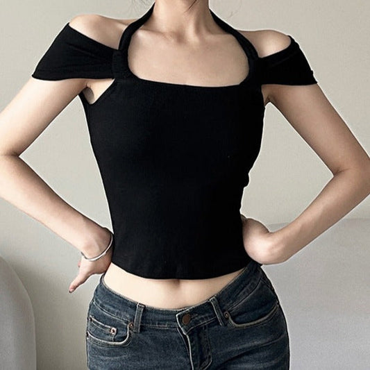 Top solido senza schienale con scollo all'americana e spalle scoperte 