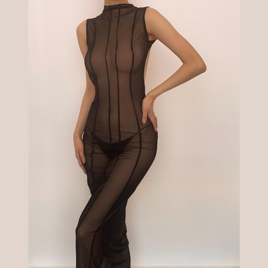 Ärmelloses, rückenfreies Midikleid aus transparentem Netzstoff 