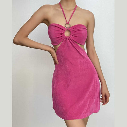 Ausgehöhltes, solides, rückenfreies Neckholder-Minikleid zum Selbstbinden mit O-Ring