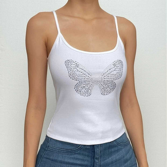 Beaded u neck backless butterfly pattern cami crop top