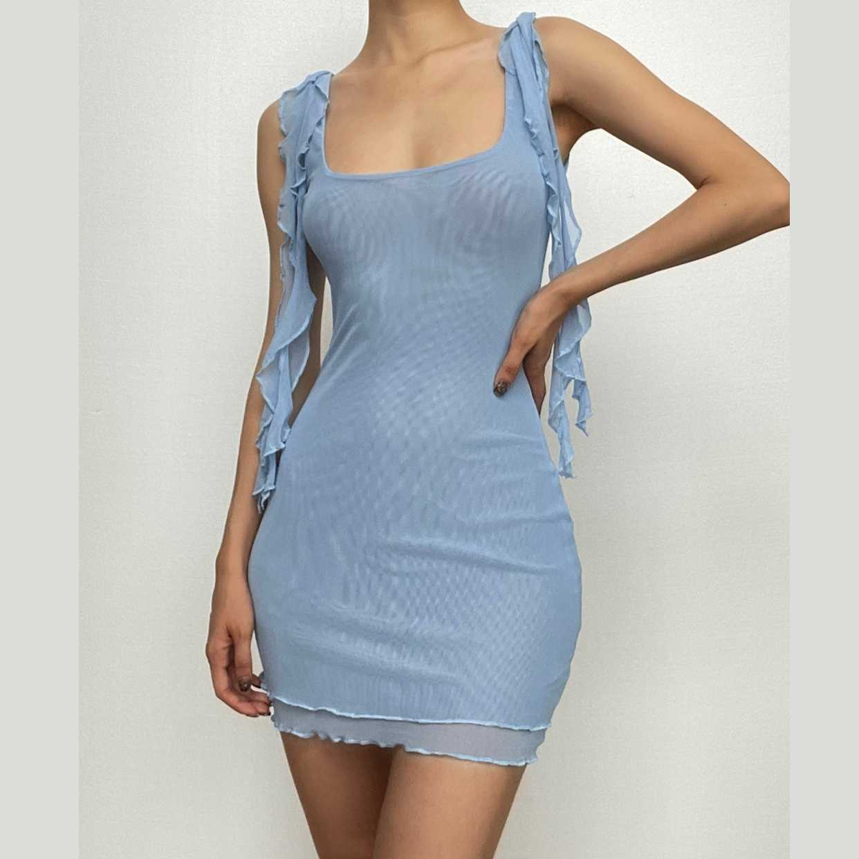 Square neck sheer mesh backless ruffle ribbon solid mini dress