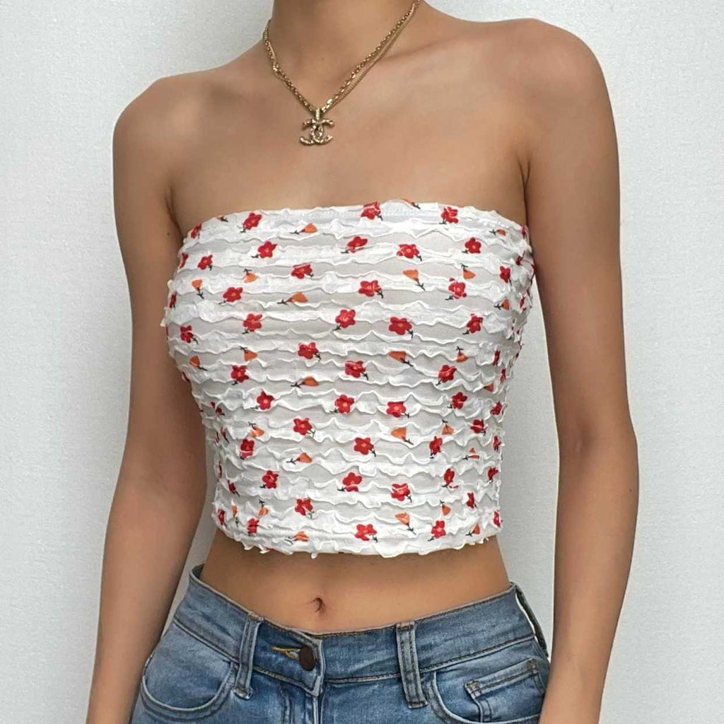 Textured flower print contrast backless tube crop top