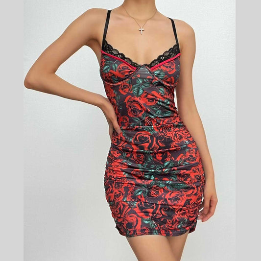 Minikleid mit Blumenmuster, kontrastierendem Spitzensaum und überkreuztem Rücken 