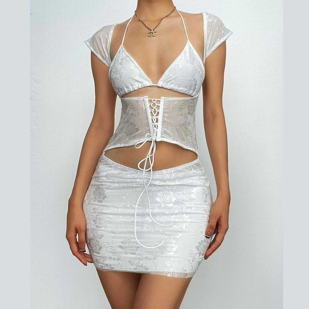 Lace halter cap sleeve ruched corset lace up solid mini skirt set