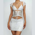 Lace halter cap sleeve ruched corset lace up solid mini skirt set