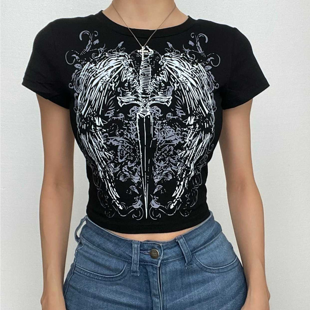 Short sleeve crewneck abstract contrast crop top