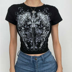 Short sleeve crewneck abstract contrast crop top