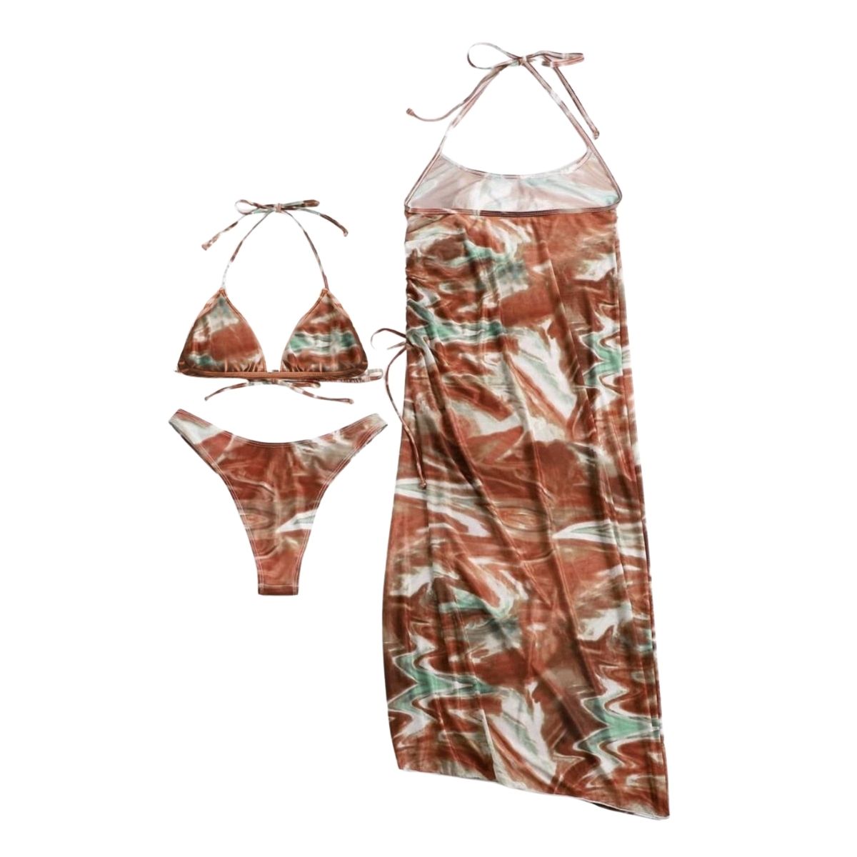 Ripple halter mesh padded slit contrast midi skirt 3 piece swimwear