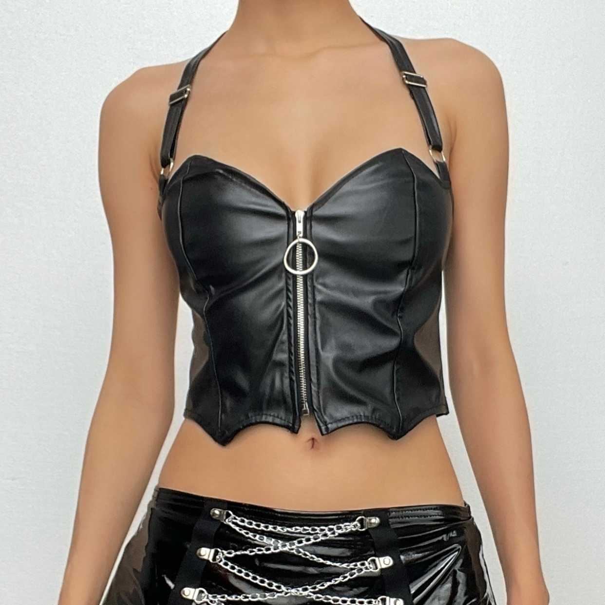 Halter zip-up backless PU leather low cut crop top