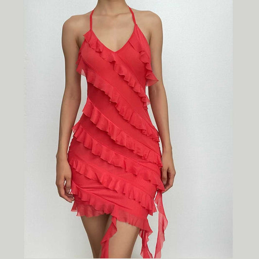 Rückenfreies Minikleid mit unregelmäßigen Rüschen und Neckholder 