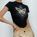 Butterfly pattern crewneck contrast short sleeve crop top