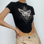 Butterfly pattern crewneck contrast short sleeve crop top