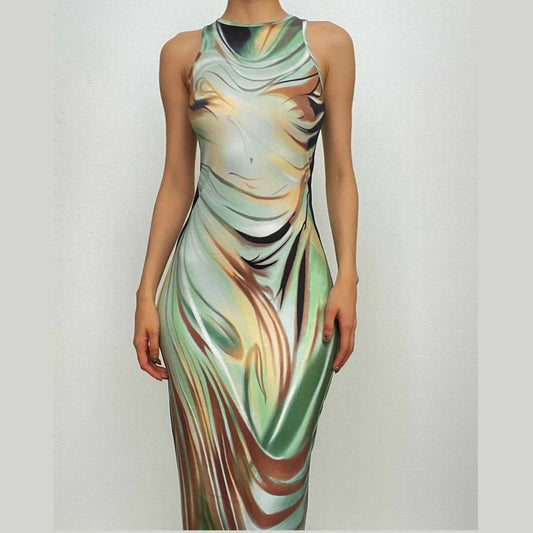 Ärmelloses Midikleid mit Rundhalsausschnitt und Kontrastdruck 