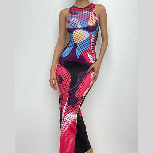 Ärmelloses Maxikleid mit Rundhalsausschnitt und kontrastierendem Schlitz und Polka Dots 