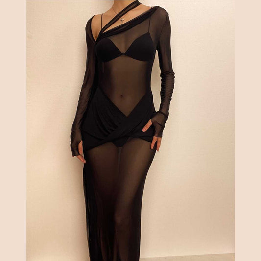 Mesh see through irregular long sleeve hollow out backless solid maxi dress